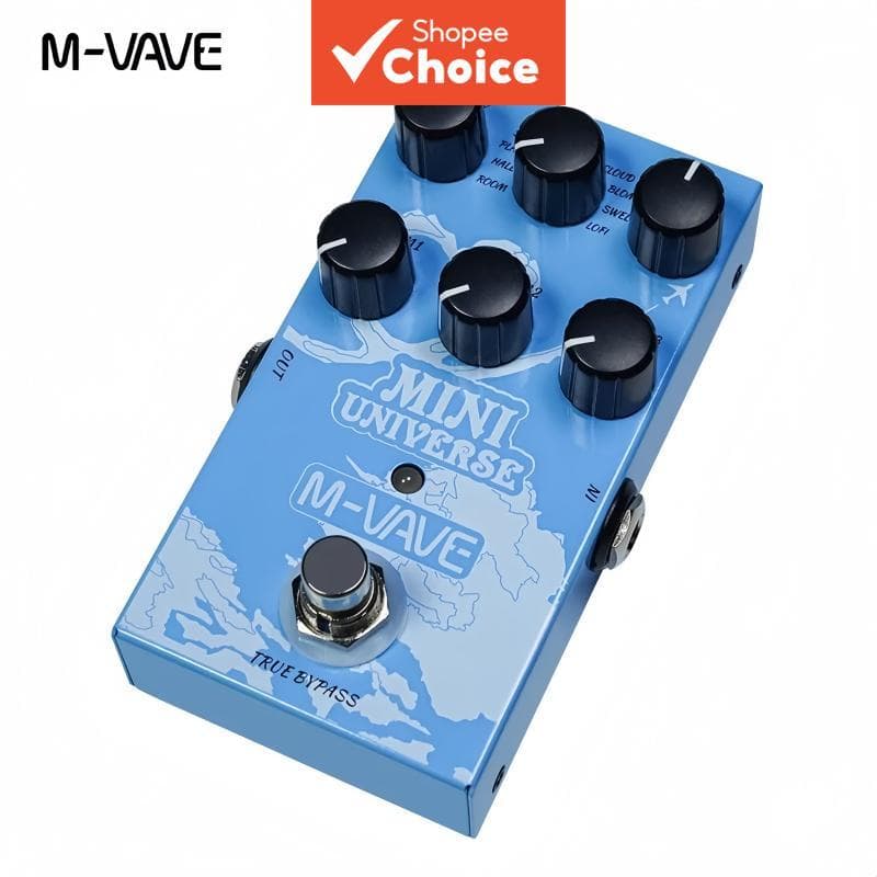Pedal M-VAVE Mini Universe para guitarra elétrica, 9 tons de reverb, bypass verdadeiro, carcaça metálica, azul.