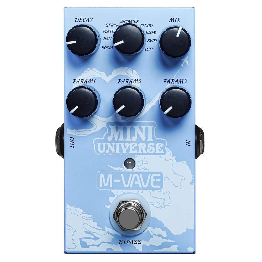 Pedal de efeitos de reverb digital M-Wave Universe azul, com botões rotulados para Decay, Shimmer, Cloud, Bloom, Swell, Lofi, e Mix.