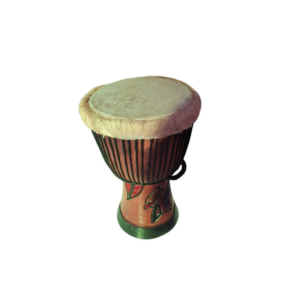 Tambor Djembê de Percussão Africana, Médio, 9'' x 50 Cm, Pele de Couro, Decoração Marrom e Verde