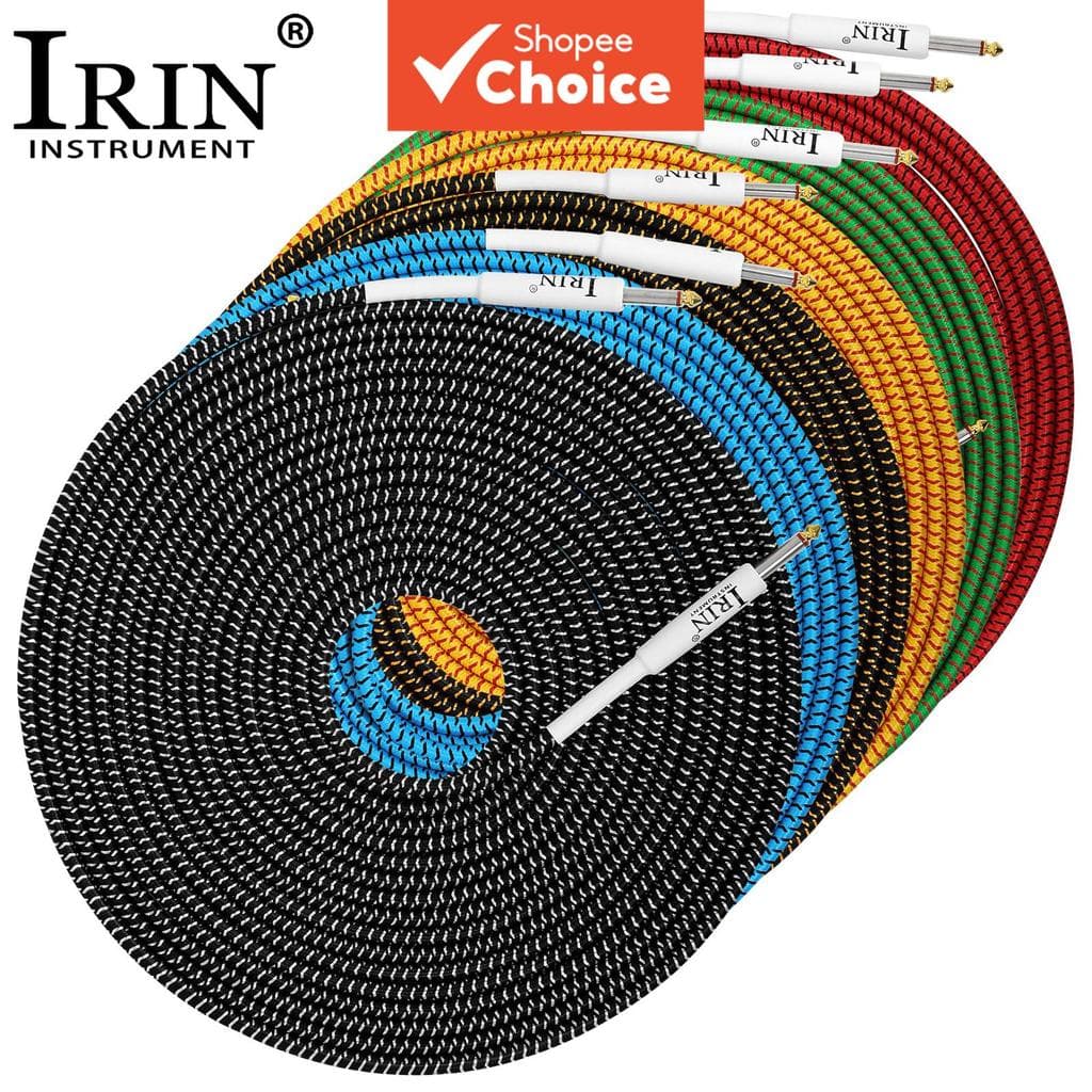 Cabos de guitarra IRIN de 3/6/10M, cabos de áudio anti-ruído para guitarra elétrica, enrolados em cores preto, azul, verde, amarelo e vermelho.