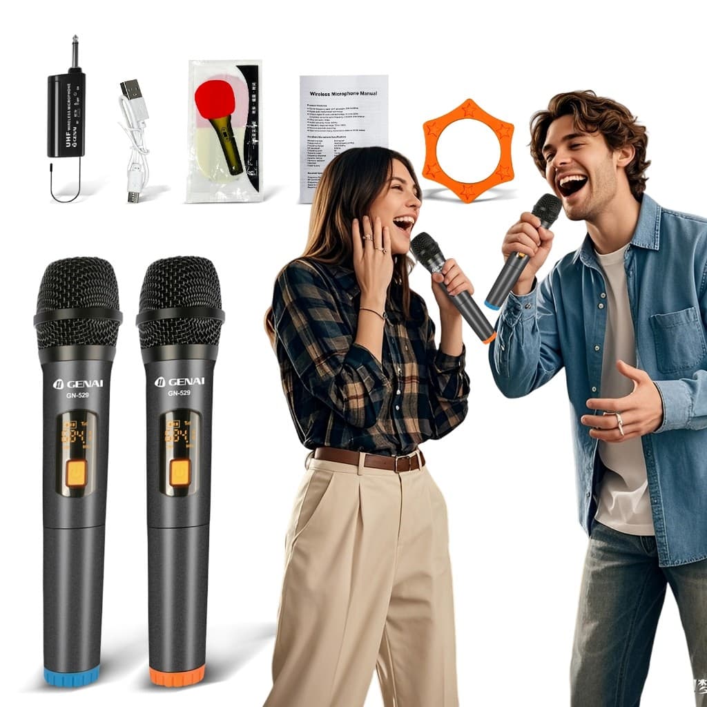 Microfones sem fio Genai, dois canais, profissionais, para karaokê, show e reunião, com acessórios