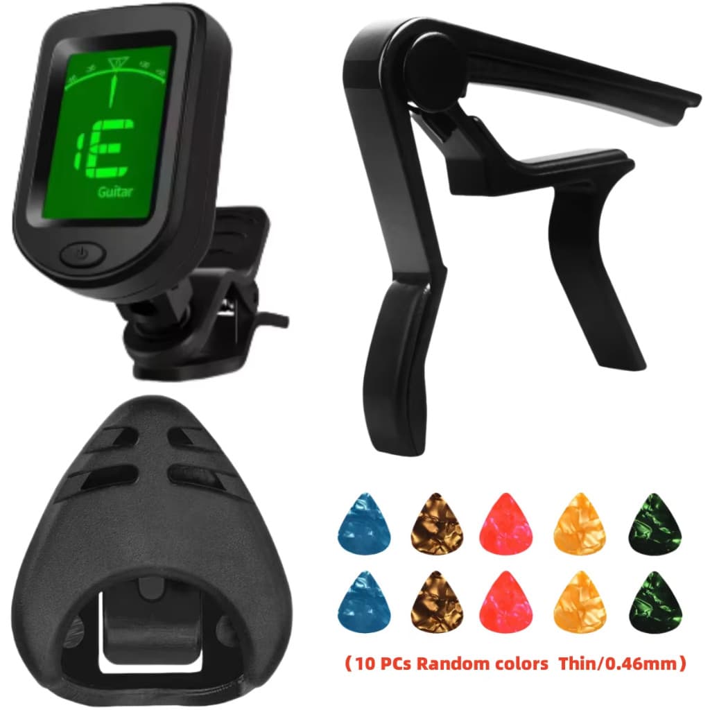 Kit Afinador Digital LED, Capotraste, Porta-Palhetas e 10 Palhetas para Violão