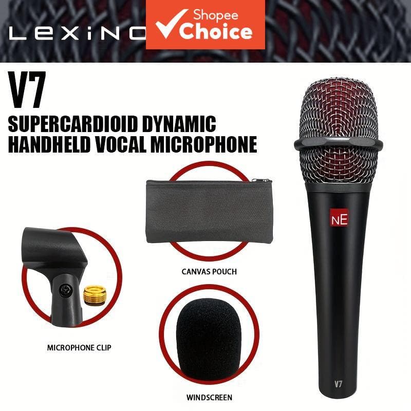 Microfone dinâmico supercardioide V7 preto e vermelho com clipe, bolsa de lona e protetor de vento