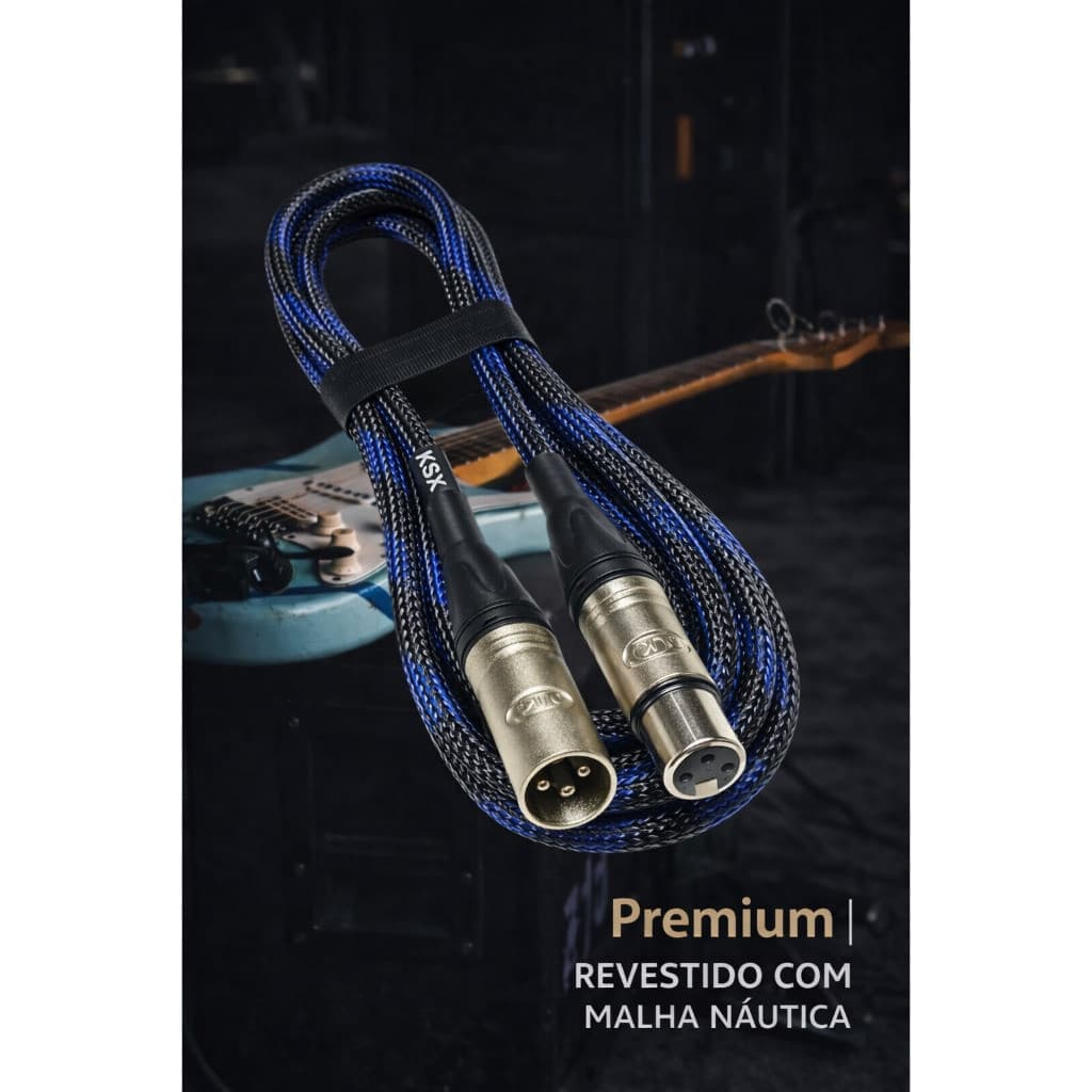 Cabo de microfone balanceado XLR KSX cabos Premium com malha náutica azul e preto