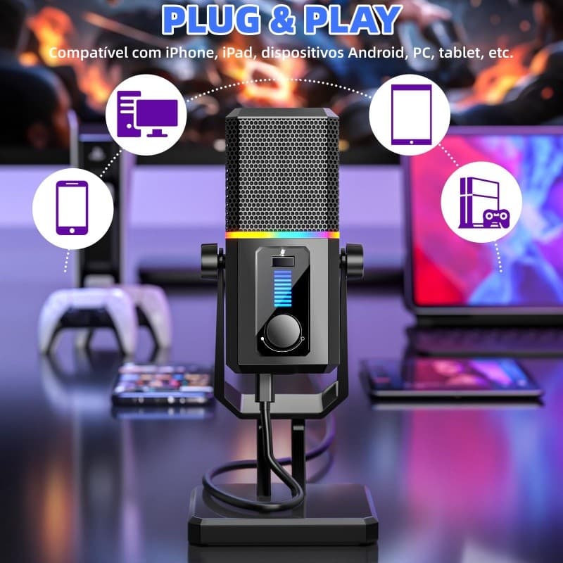 Microfone Gamer Condensador USB RGB Com Cancelamento De Ruído E Botão Mudo - Microfone Profissional Para PC PS4 PS5 MAC