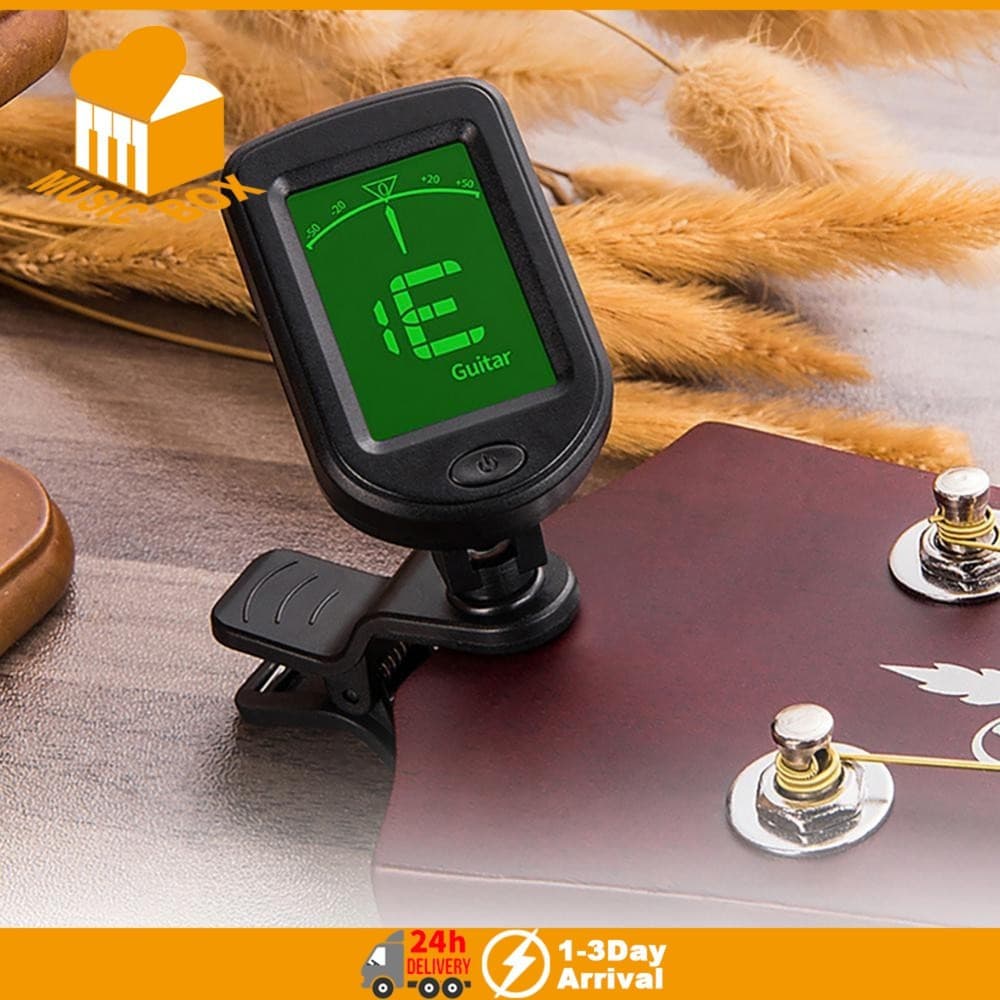 Afinador eletrônico preto para guitarra com visor verde