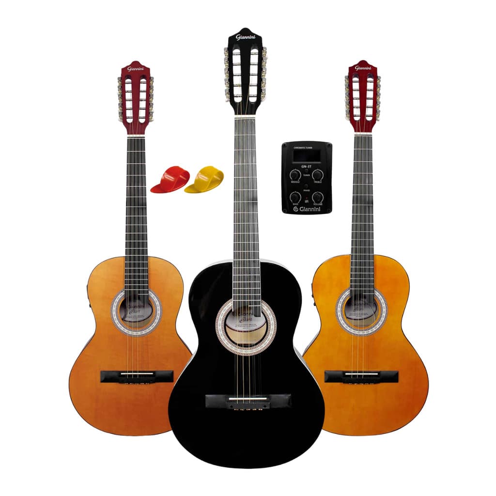 Kit de violas eletroacústicas Giannini Start VS-14 EQ com afinador digital embutido, cores vermelha, preta e laranja