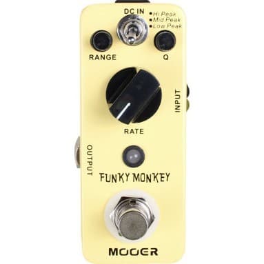 Pedal Mooer Funky Monkey Auto Wah em fundo branco, controles de 'RANGE', 'Q', 'RATE' e 'INPUT'.