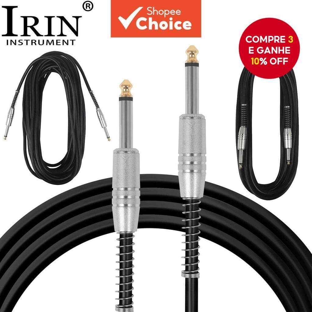 Cabo de conexão para guitarra elétrica IRIN com conectores prateados e promoção de desconto.