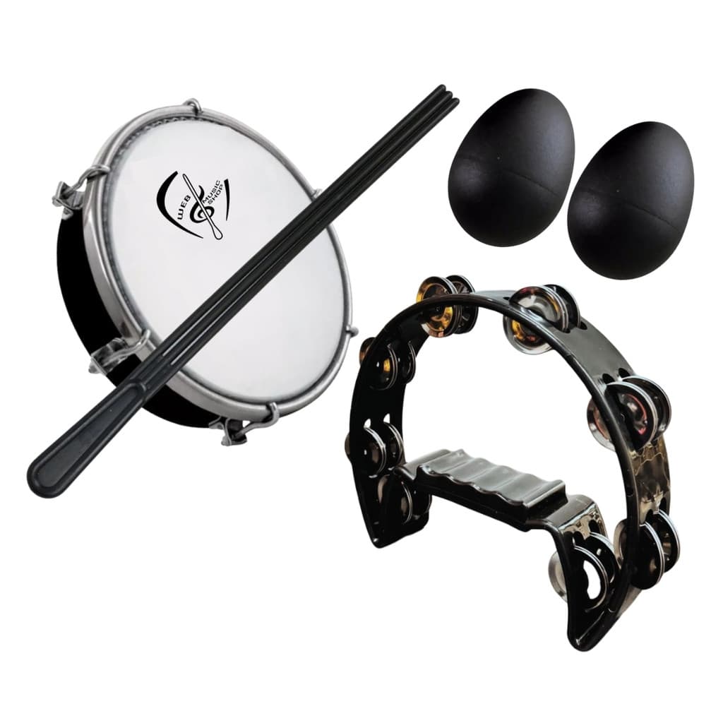 Kit Pandeiro Meia Lua BK+ Tamborim com Baqueta Tripla + 2 Ovo Ganzá de Percussão