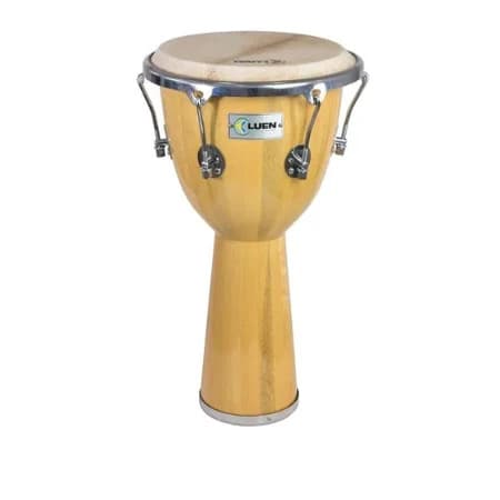 Djembe de madeira envernizado com acabamento metálico, marca LUEN, 12 ½ polegadas.