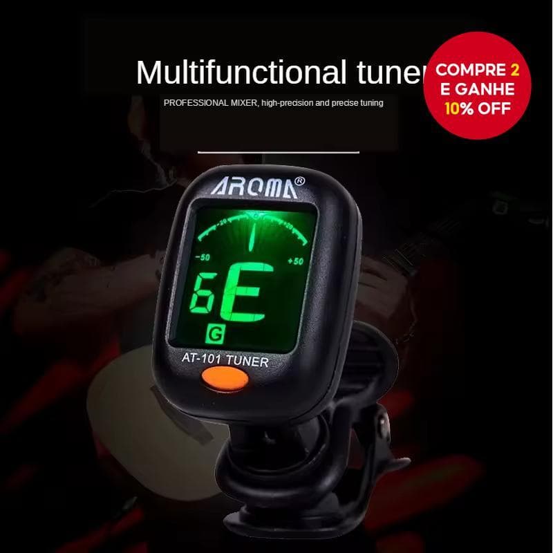 Afinador de guitarra AROMA AT-101 com tela verde e interface de afinação