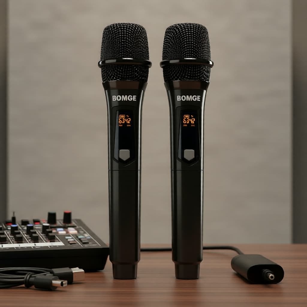 Microfones dinâmicos de mão BOMGE, dois microfones em mesa, pretos com display digital