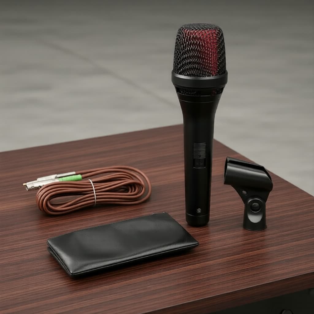 Microfone dinâmico com fio KSM6 preto com detalhes em vermelho, cabo e estojo em mesa de madeira