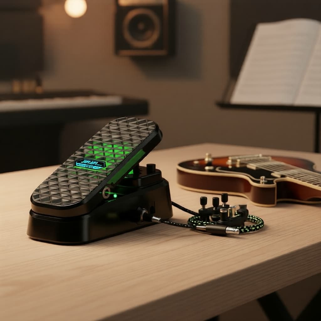 Pedal de efeitos de guitarra JAMJUM preto e verde em um ambiente de estúdio musical