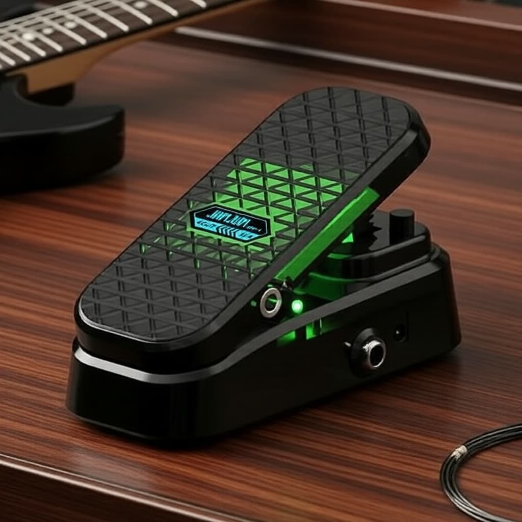 Pedal de Wah/Volume JAMJUM para guitarra, preto e verde, com LEDs verdes, em fundo de madeira.