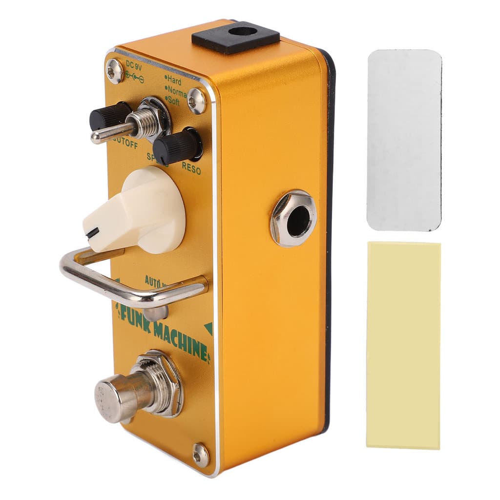 Pedal de efeito de guitarra FUNK MACHINE Único Auto WAH True Bypass, amarelo com controles de wah, liga/desliga e ressintonização.