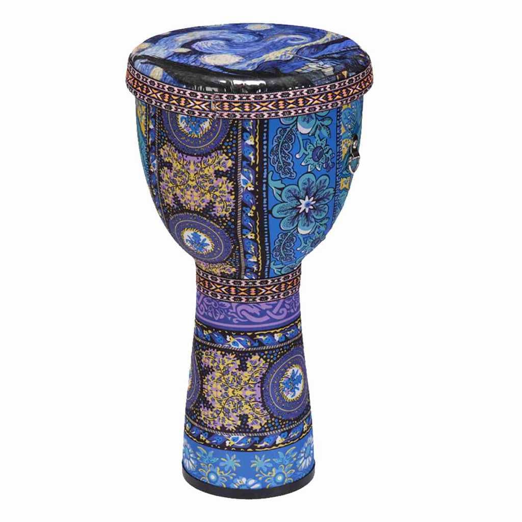 Tambor de mão africano de 8 polegadas com padrões de arte coloridos, corpo azul escuro, borda preta, fundo branco