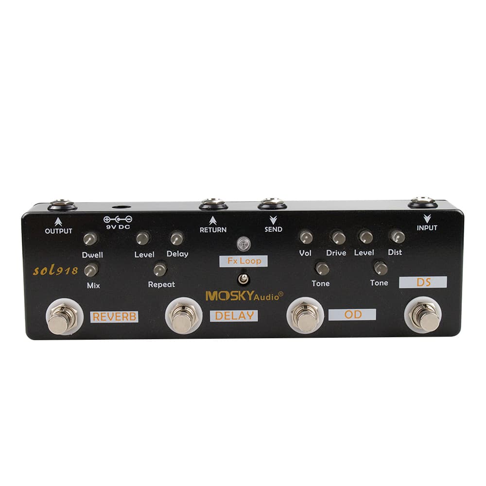 Pedal multi-efeitos MOSKY 5 em 1 para guitarra com carcaça metálica preta