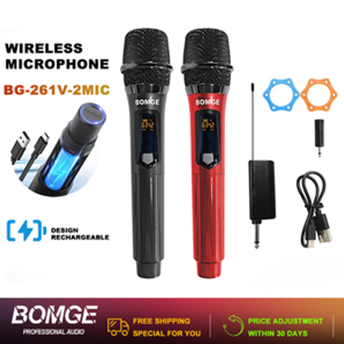Microfone de mão sem fio duplo UHF, kit com carregador e cabos, modelo profissional.