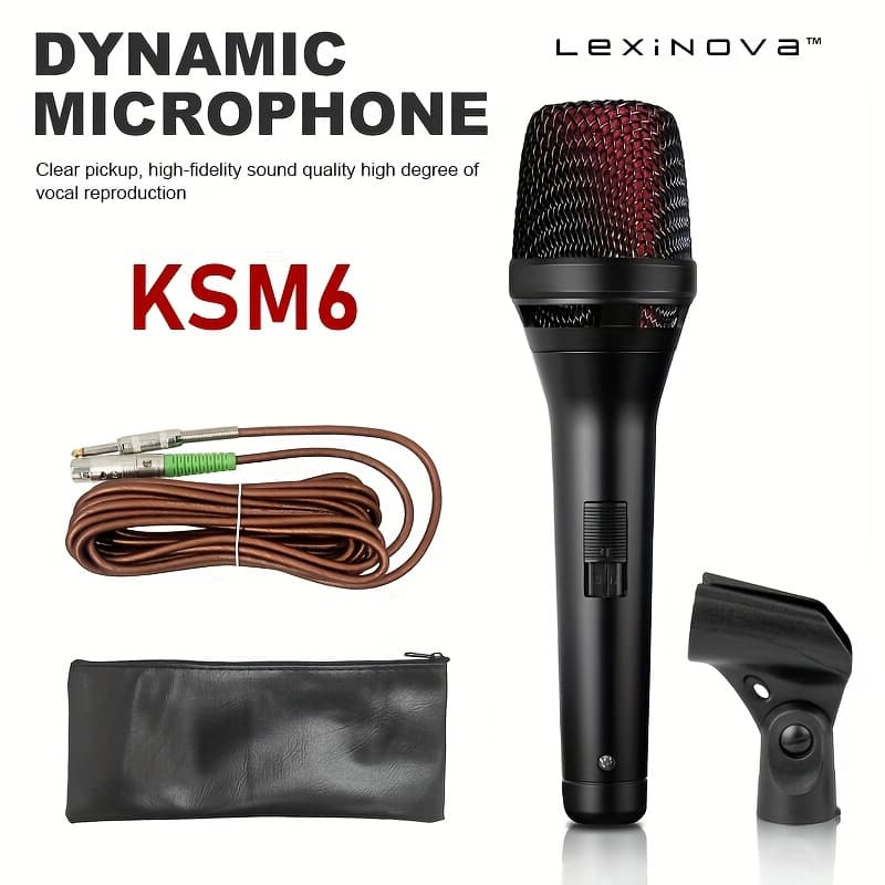 Microfone dinâmico de mão preto KSM6 Lexinova com cabo, bolsa e suporte