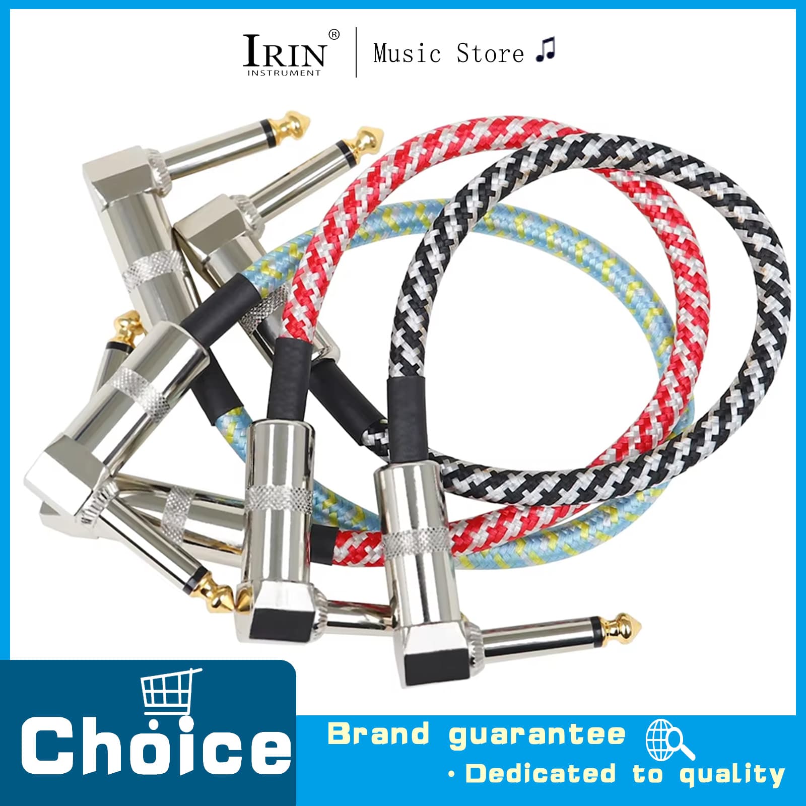 Cabos AUX para guitarra elétrica com conectores dourados e terminais prateados, cores vermelho, preto, azul, amarelo e branco.