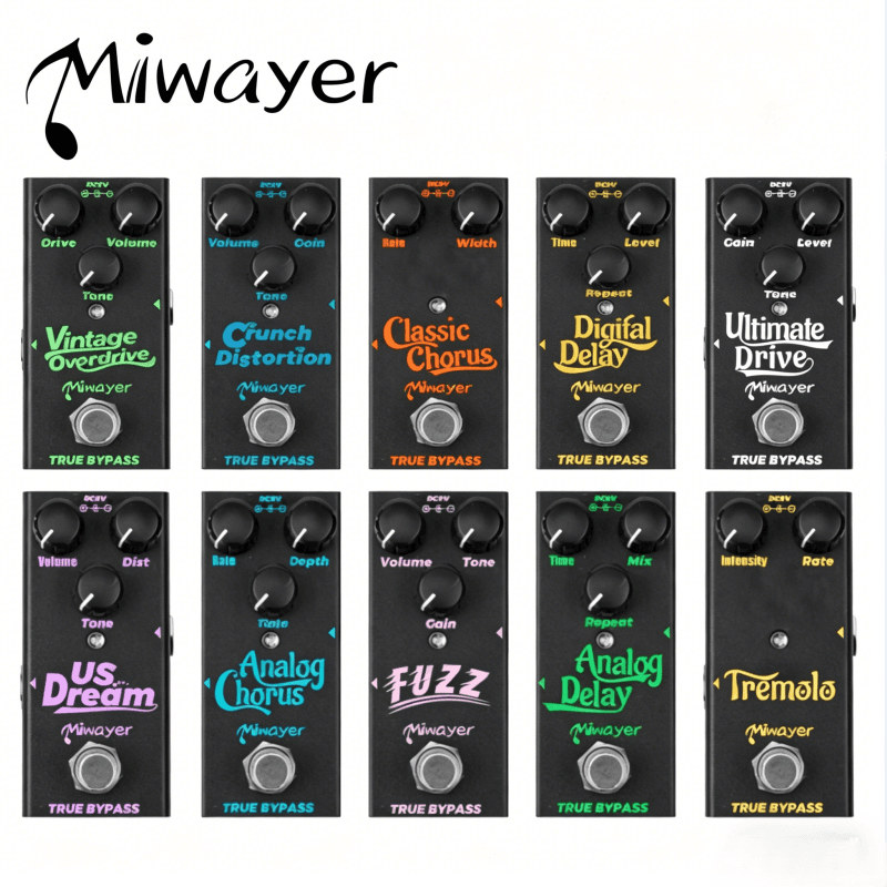 Pedais de efeito Miwayer com Vintage Overdrive, Crunch Distortion, Classic Chorus, Digital Delay, Ultimate Drive, US Dream e Analog Chorus