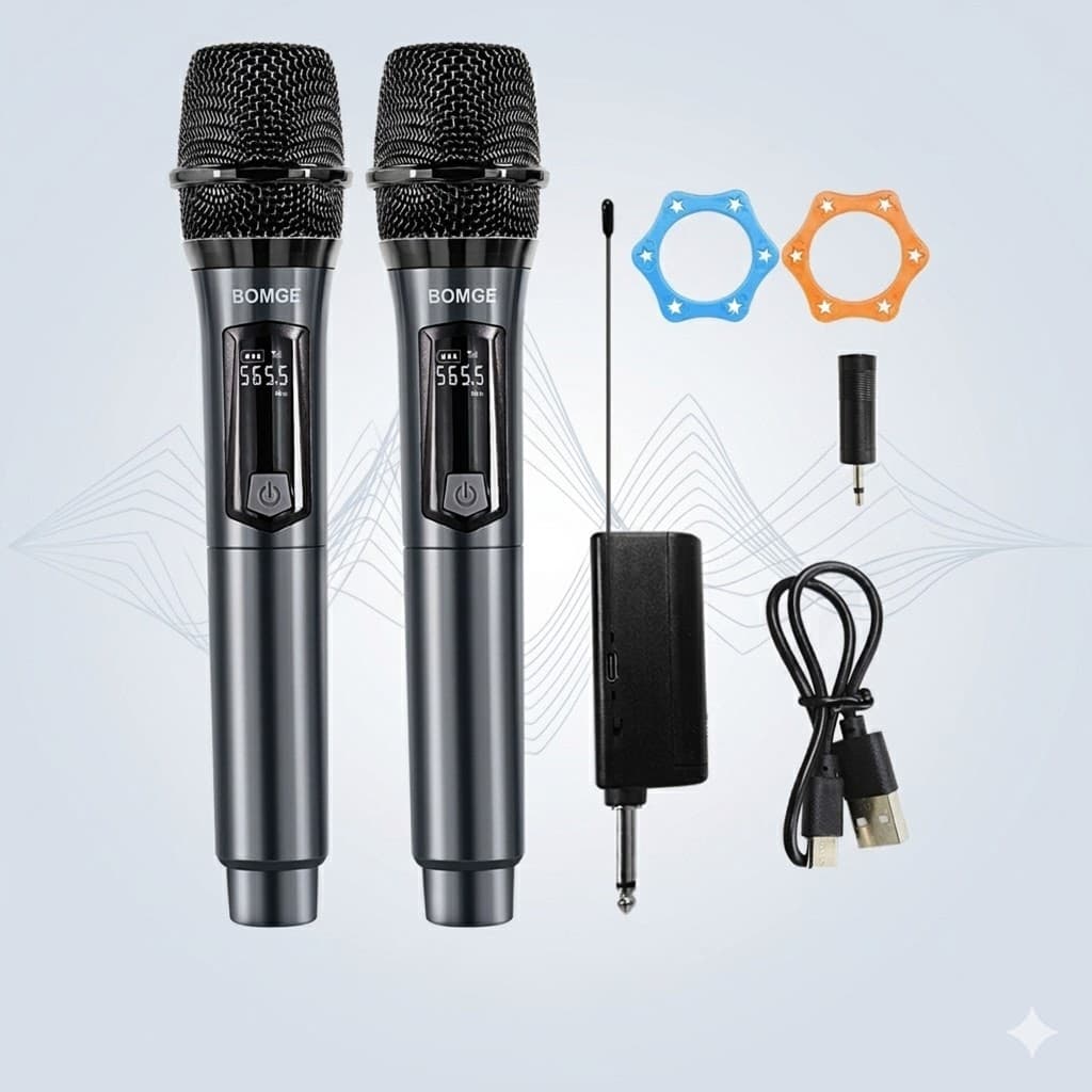 Microfones sem fio UHF duplos BOMGE para karaokê e festa com acessórios