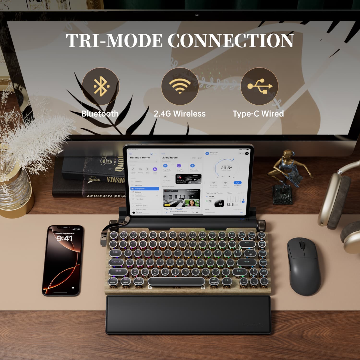 Teclado Mecânico Vintage, Teclado Ergonômico, Teclado Mecânico Retrô RGB Tri-Modo, Teclado de Máquina de Escrever Hot