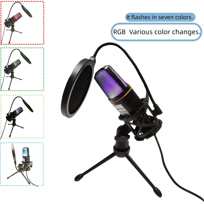  Conjunto de Microfone USB Condensador com Luz RGB Pop Filter e Tripé para Jogos, Transmissão e Gravação