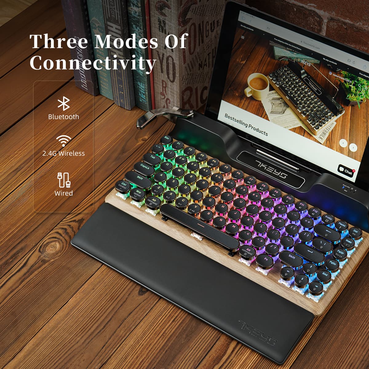  Teclado Mecânico Retro de Máquina de Escrever 3 Modos Teclado Bluetooth Sem Fio Portátil | Teclado Bluetooth para iPad