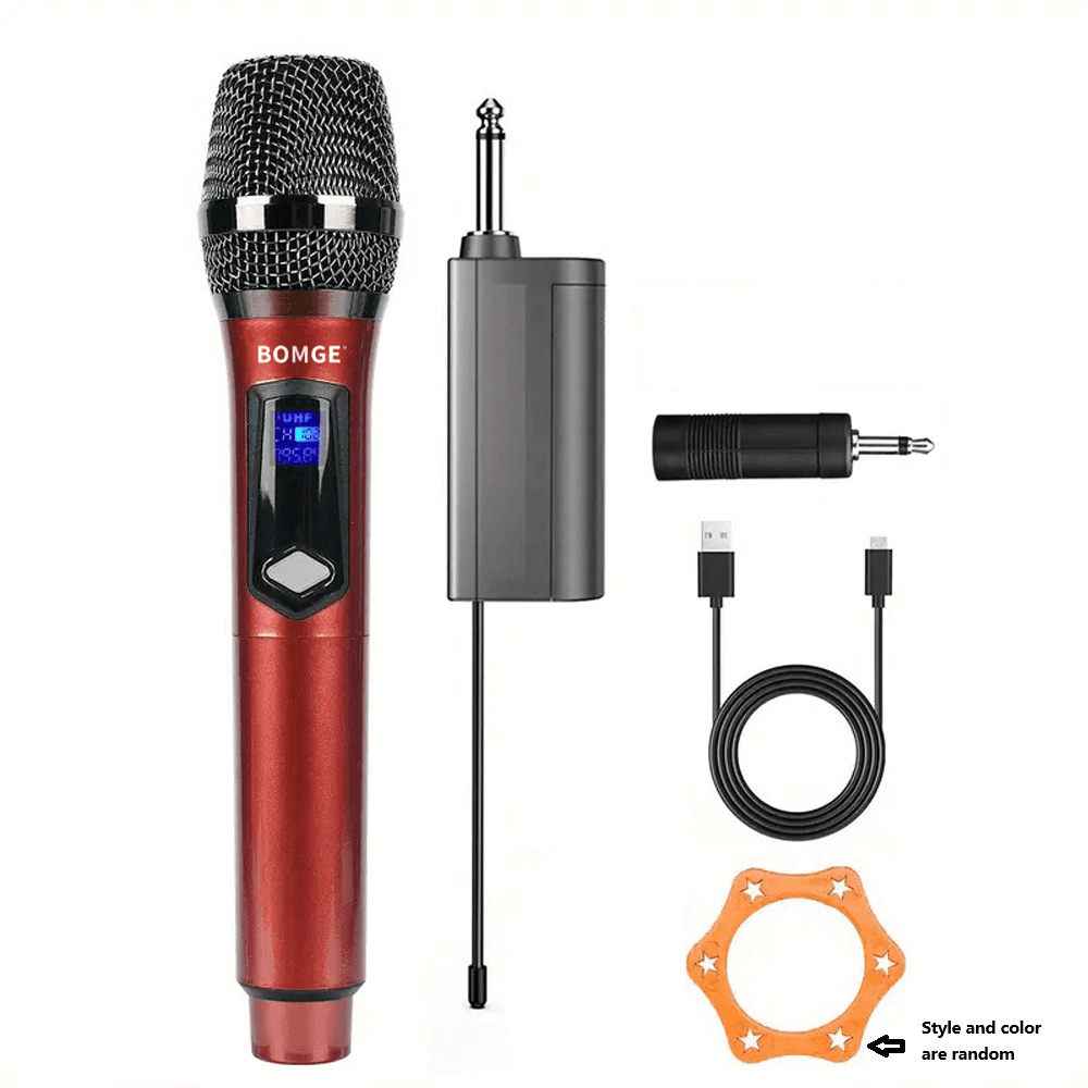 Microfone dinâmico de mão BOMGE sem fio para karaokê, vermelho e preto, com receptor recarregável