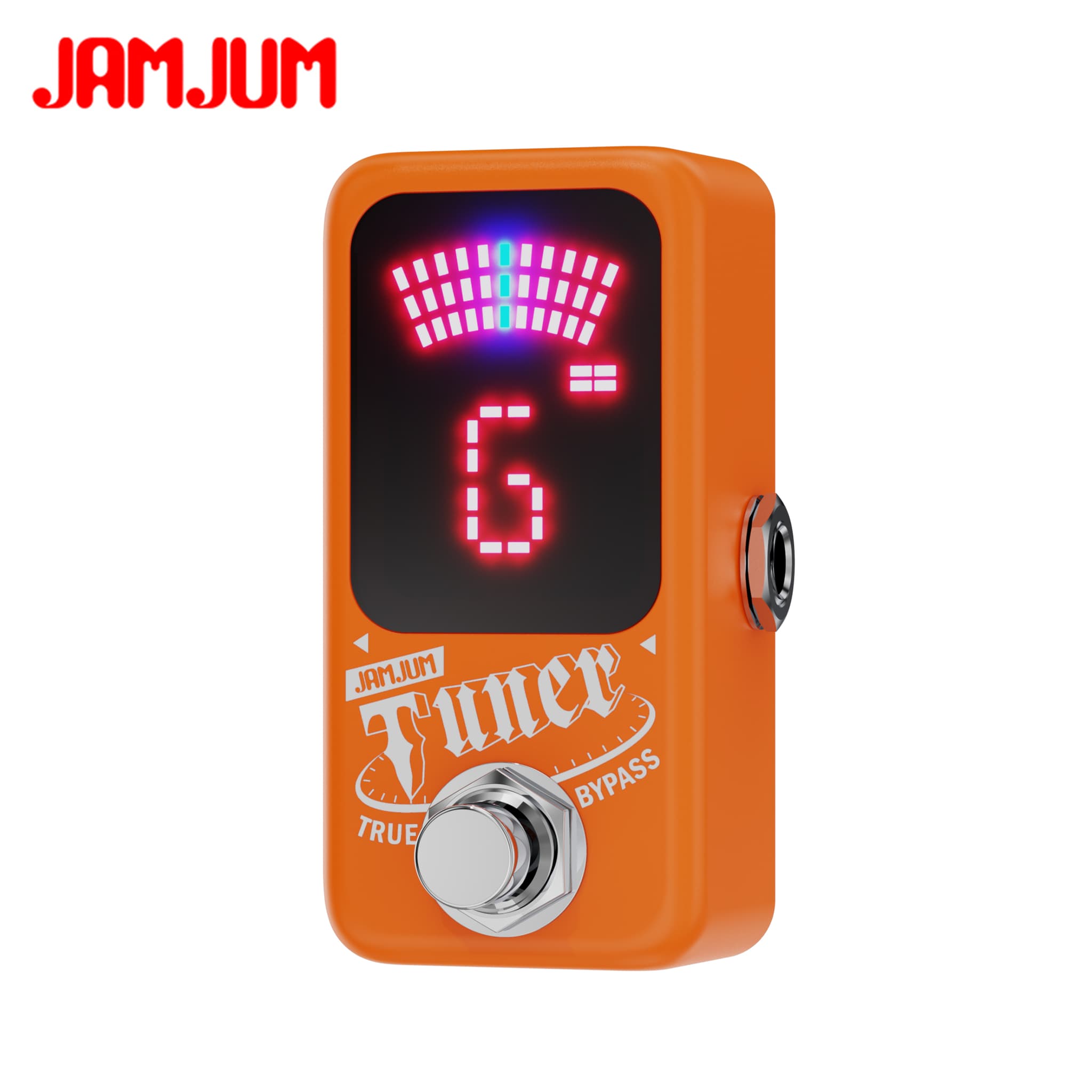 Afinador cromático de pedal JAMJUM mini com display LED multicolorido, texto 'JAMJUUM Tuner' e 'TRUE BYPASS', fundo branco