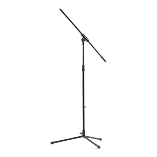 Pedestal de microfone girafa Aweda AMS-0111B preto, base triangular, pés dobráveis, haste ajustável, fundo branco