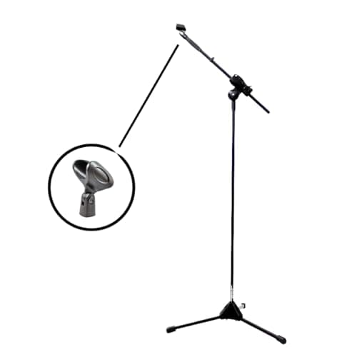 Pedestal de microfone com cachimbo em metal prateado, fundo branco