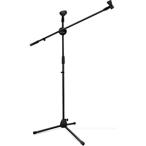 Pedestal profissional duplo para microfone preto montado contra fundo branco