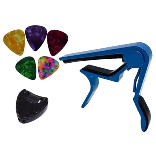 Capotraste Pestana Braçadeira Violão Guitarra Ukulele + Porta Palhetas + 5 Palhetas (Azul)