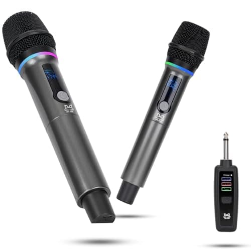 Microfones dinâmicos sem fio profissionais com iluminação RGB dupla e controle remoto