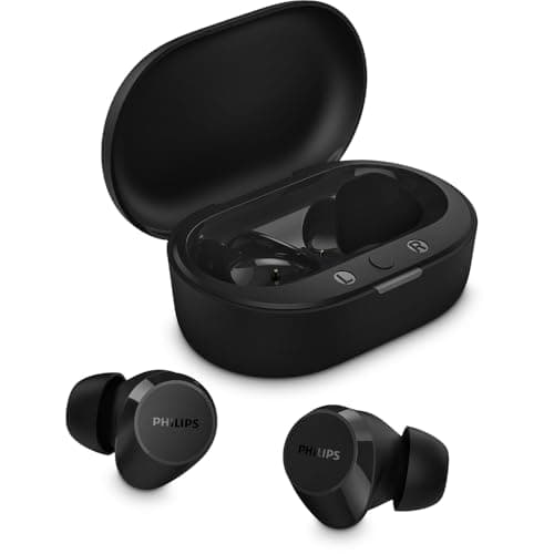 Fone de ouvido sem fio TWS Philips TAT1209BK/00 na cor preto, com bluetooth, microfone, tecnologia IPX4 e 18 horas de reprodução.