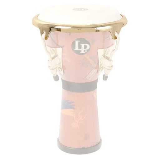 Mini conga/djembe de ouro da Latin Percussion, cor rosa claro, com detalhes em ouro e logotipo Lp.