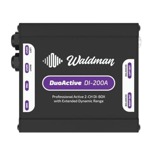 Direct Box Ativo Waldman DI-200A, caixa preta, entrada e saída balanceadas, fundo branco.
