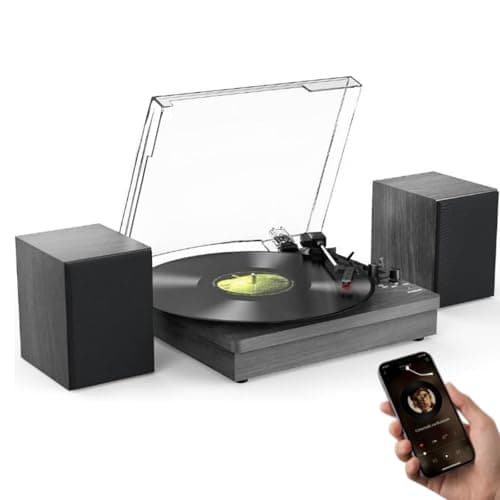 VEDO Toca-Discos Retro Bluetooth 2 Alto-Falantes Estéreo, Giradiscos 3 Velocidades (33/45/78 RPM) para Vinil, Conversor LP/MP3 via USB - Madeira Elegante Preta, Escolha dos Amantes da Música