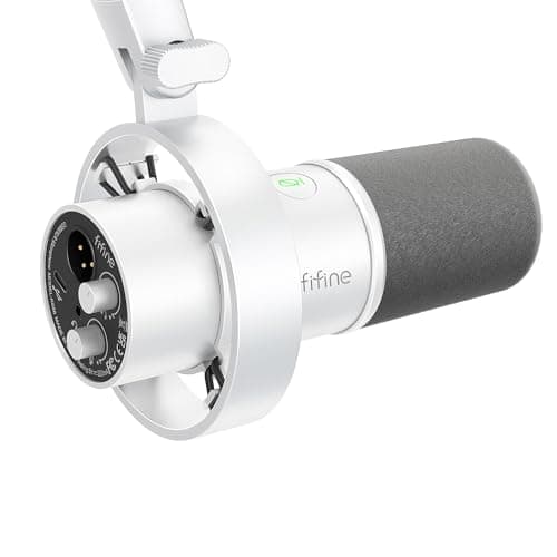 Microfone dinâmico FIFINE XLR estúdio branco e cinza com controles de ganho
