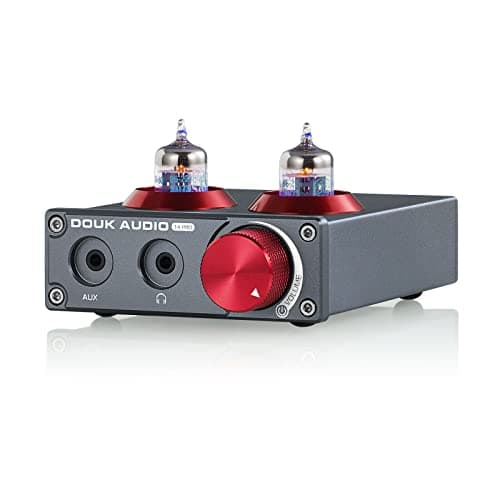 Pré-amplificador de áudio Douk Audio T4 PRO com dois tubos de vácuo vermelhos e pretos