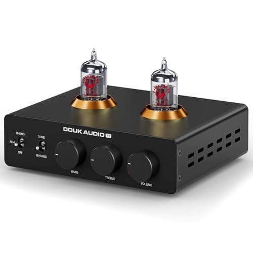 Pré-amplificador Douk Audio P7, preto com tubos vermelhos, botões de controle rotativo pretos.