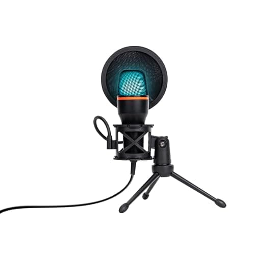Microfone Condensador RGB, Microfone de Mesa, Microfone Gamer – Com Cancelamento de Ruído, Plug-and-Play, Controle de Volume e Eco, com Tripé, Shock Mount e Pop Filter – Ideal para Gravação, Podcast