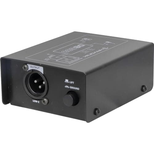 HAYONIK, Direct Box Passivo - DB300, caixa preta com entrada e saída de sinal, botão LIFT, diagramação de circuito na superfície superior.