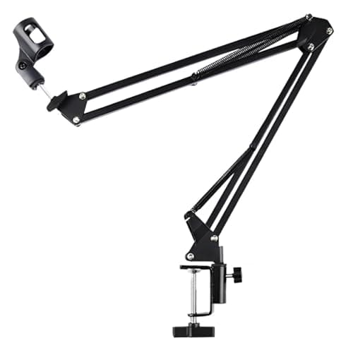 Suporte para microfone de mesa ajustável e flexível com braço articulado e pedestal condensador para podcasts e gravações ao vivo.
