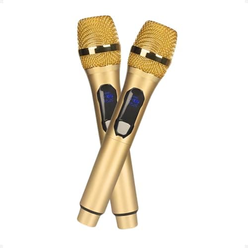 Microfones dinâmicos duplos UHF sem fio em ouro, para eventos e karaokê.