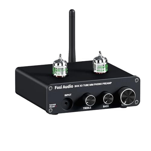 Pré-amplificador de mesa Fosi Audio Box X3 5654W com válvulas visíveis